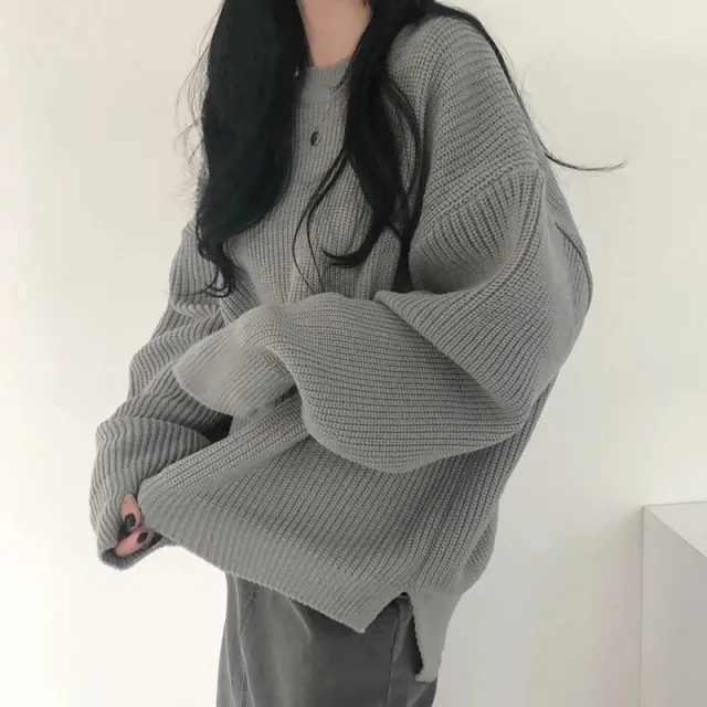 Slit Hemline At Hem Loose Sweater Round Neck Pullover Top Women Gray - Shop at LoveMi
