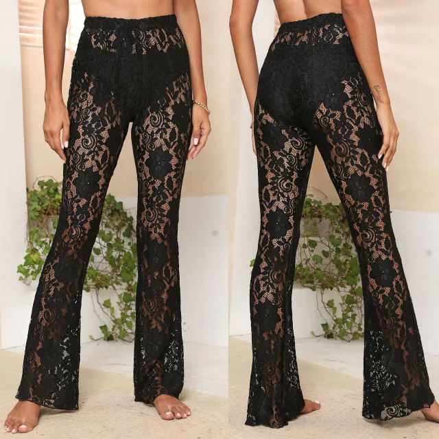 Flower Lace Pants Bell bottom Pants Black - Shop at LoveMi