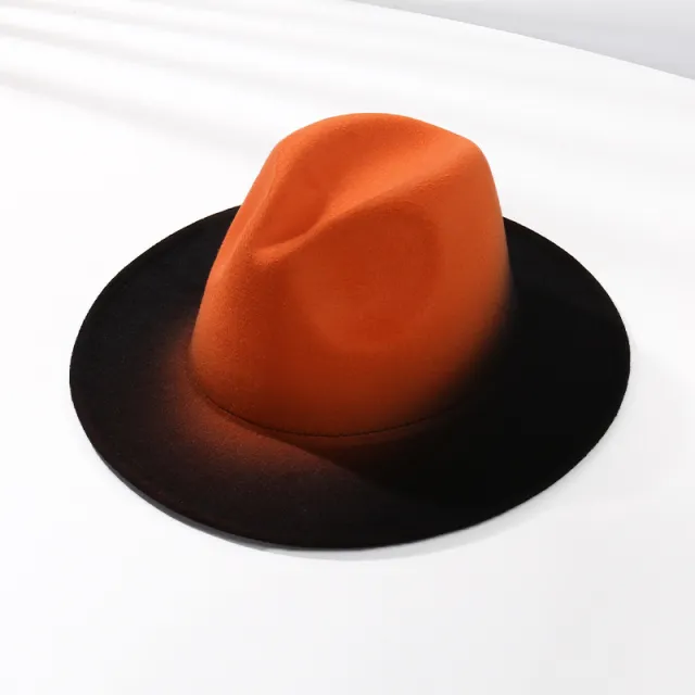 Fashion Gradient Color Fedora Hat Flat Brim Woolen Felt Hat Orange Top - Shop at LoveMi