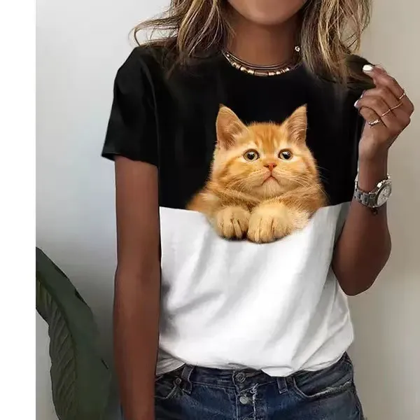 Cartoon Cat Round Neck Digital Printed Short sleeved T shirt For Women Figure 2 - Shop at LoveMi