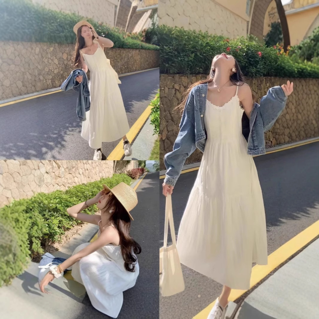 Summer French First Love Style White Suspender Dress