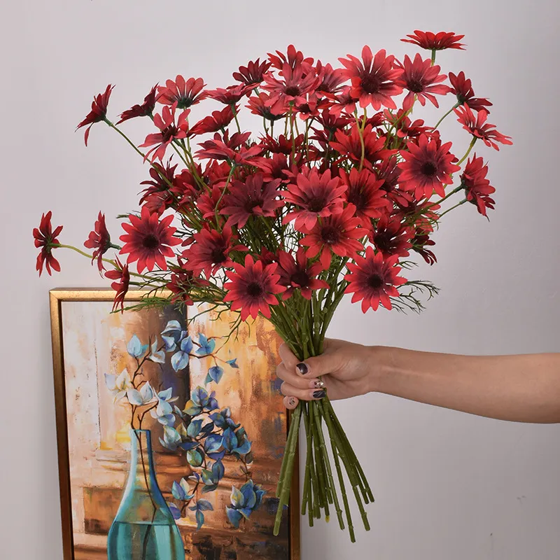 Home Decoration 5 Heads New York Aster Artificial Flowers - Red