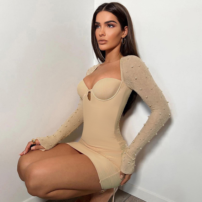 Slim And Sexy Fashion Bead Long sleeved Hip Skirt Khaki - Shop at LoveMi