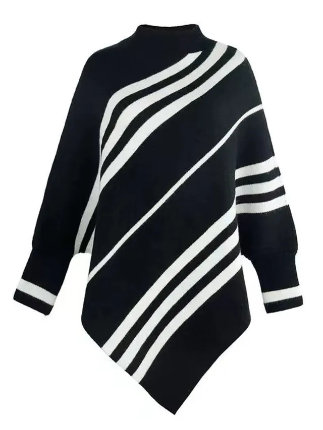 Half Turtleneck Pullover Sweater Striped Batwing Sleeve Shawl Black - Shop at LoveMi