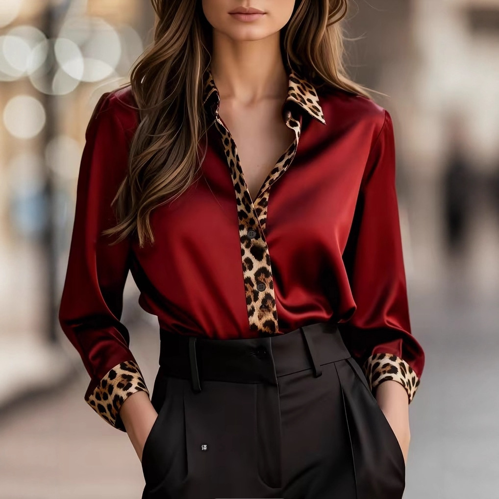 Womens Long-Sleeve Leopard-Print Crew-Neck Spliced Satin Shirt - Image 7