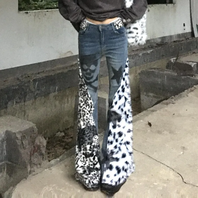 Retro Large Size Washed Skull Leopard Print Skinny Jeans - Blue