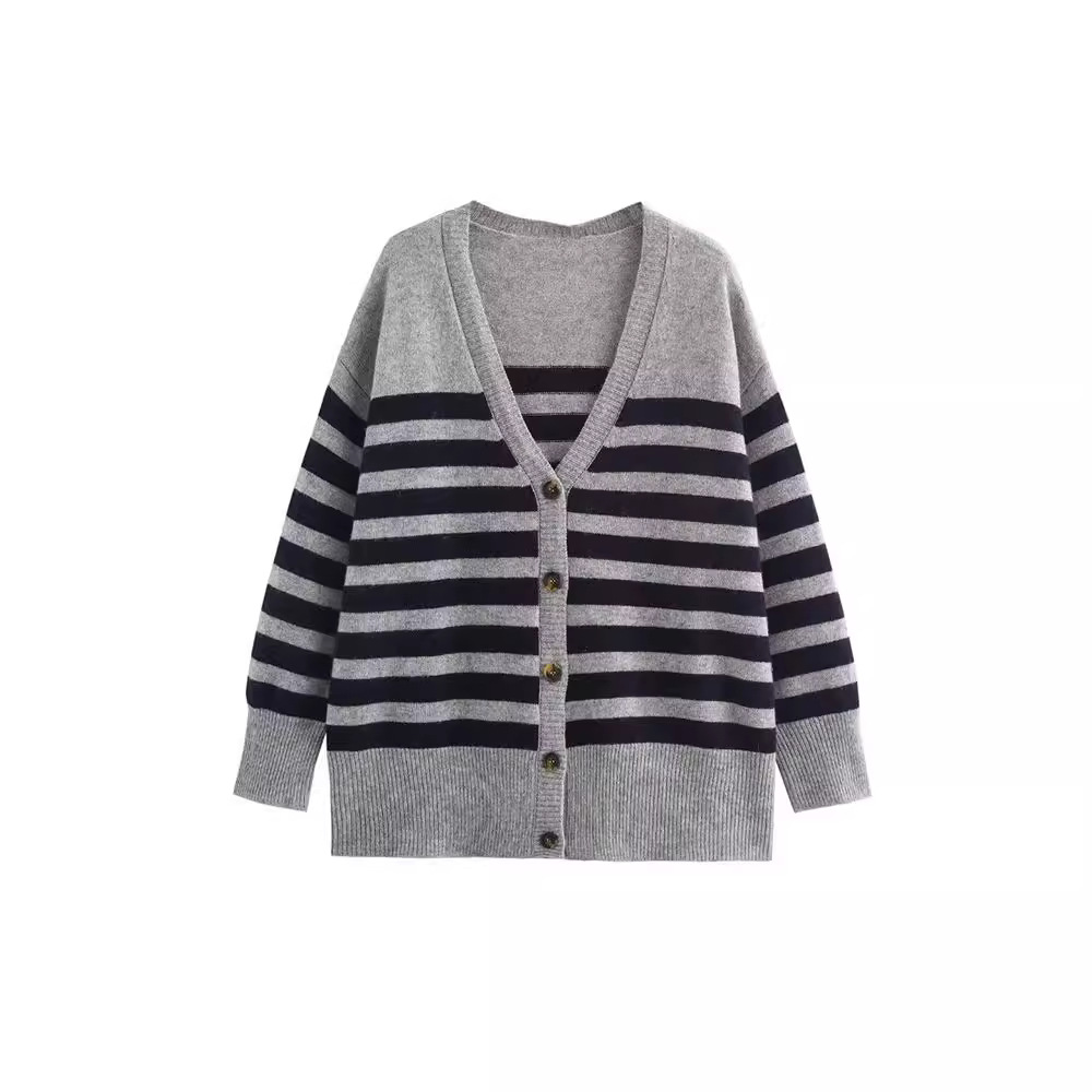 Striped Knitted V-neck Long-sleeved Jacket