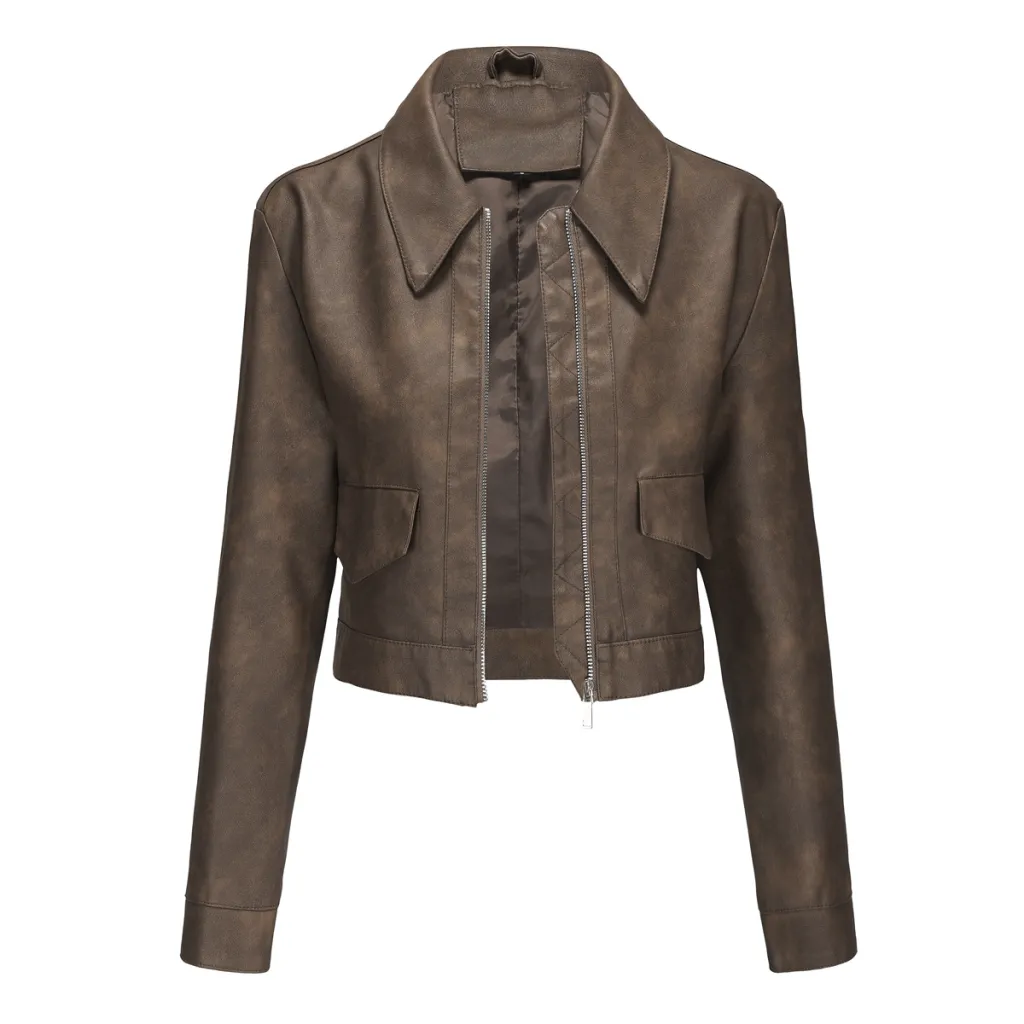 Women's Long-sleeved Fashionable Faux Leather Jacket - Camel