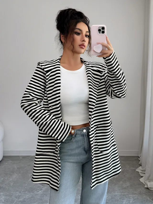 Fake Stripes Long Sleeve Trench Coat Black - Shop at LoveMi