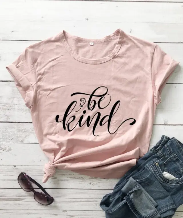 Be Kind Rose Style Short Sleeve European And American Street Leisure T shirt Peach Black - Shop at LoveMi