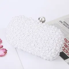 Women's Pearl Dinner Bag Soft Surface Lock Clutch - White - View 1