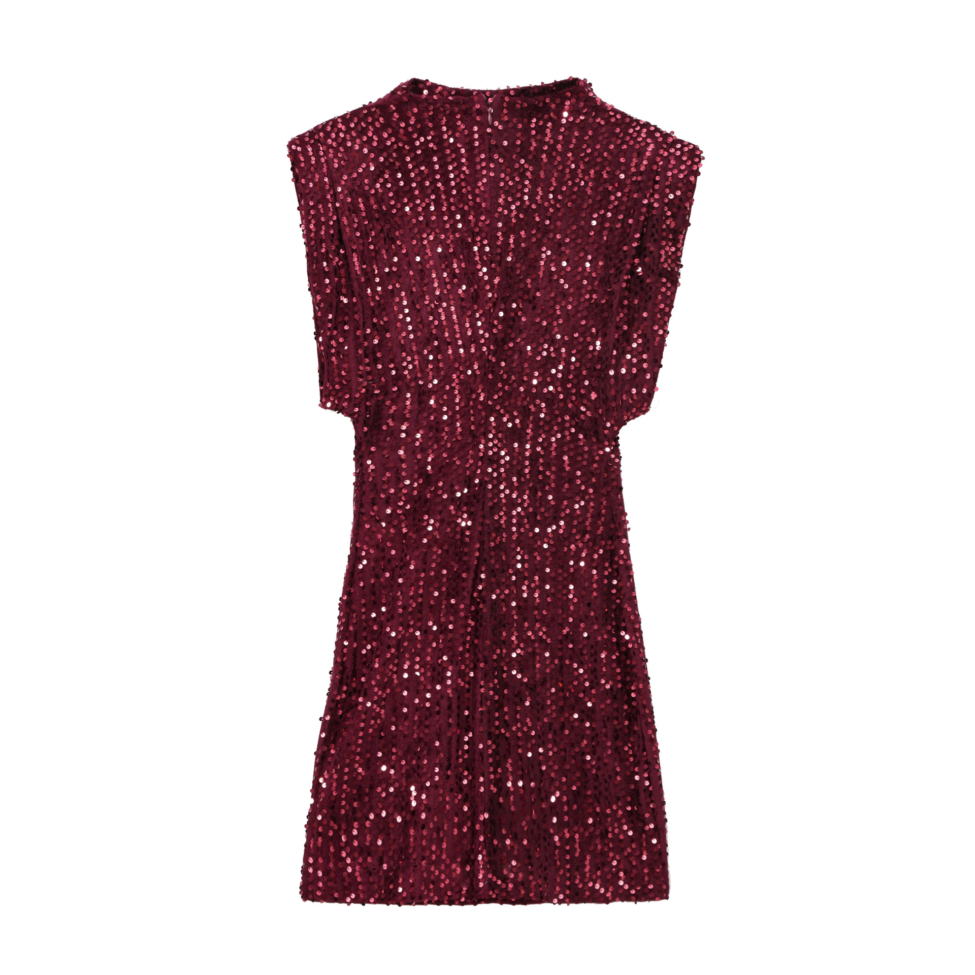 Sequins Decorated Sleeveless Shoulder Pad Sequin Dress Wine - Shop at LoveMi