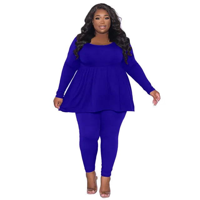 Women's Plus Size Solid Color Long Sleeve T Shirt Two Piece Set Blue - Shop at LoveMi