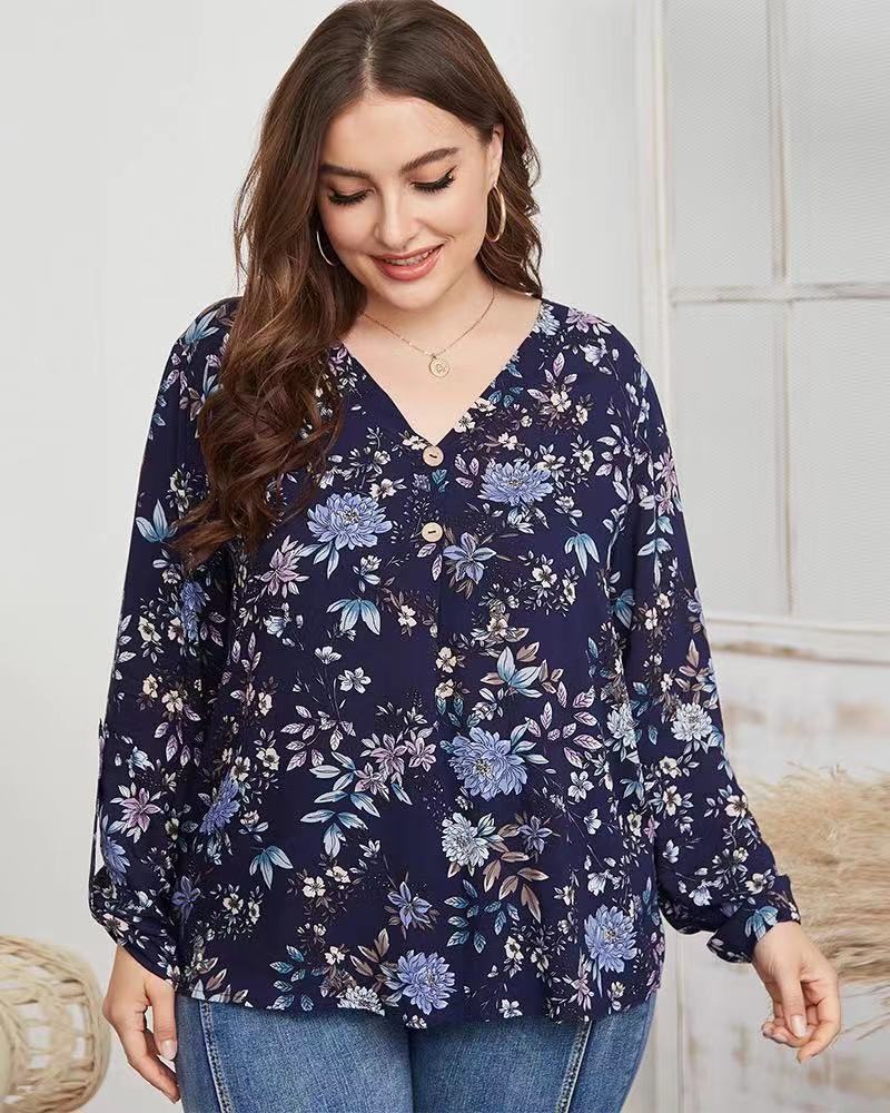 Fashion Plus Size Shirt Rayon Printed Women's Top Blue - Shop at LoveMi