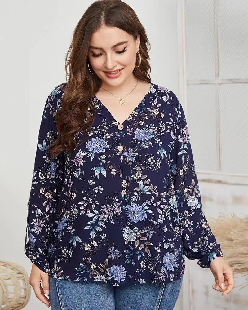 Fashion Plus Size Shirt Rayon Printed Women's Top - Blue