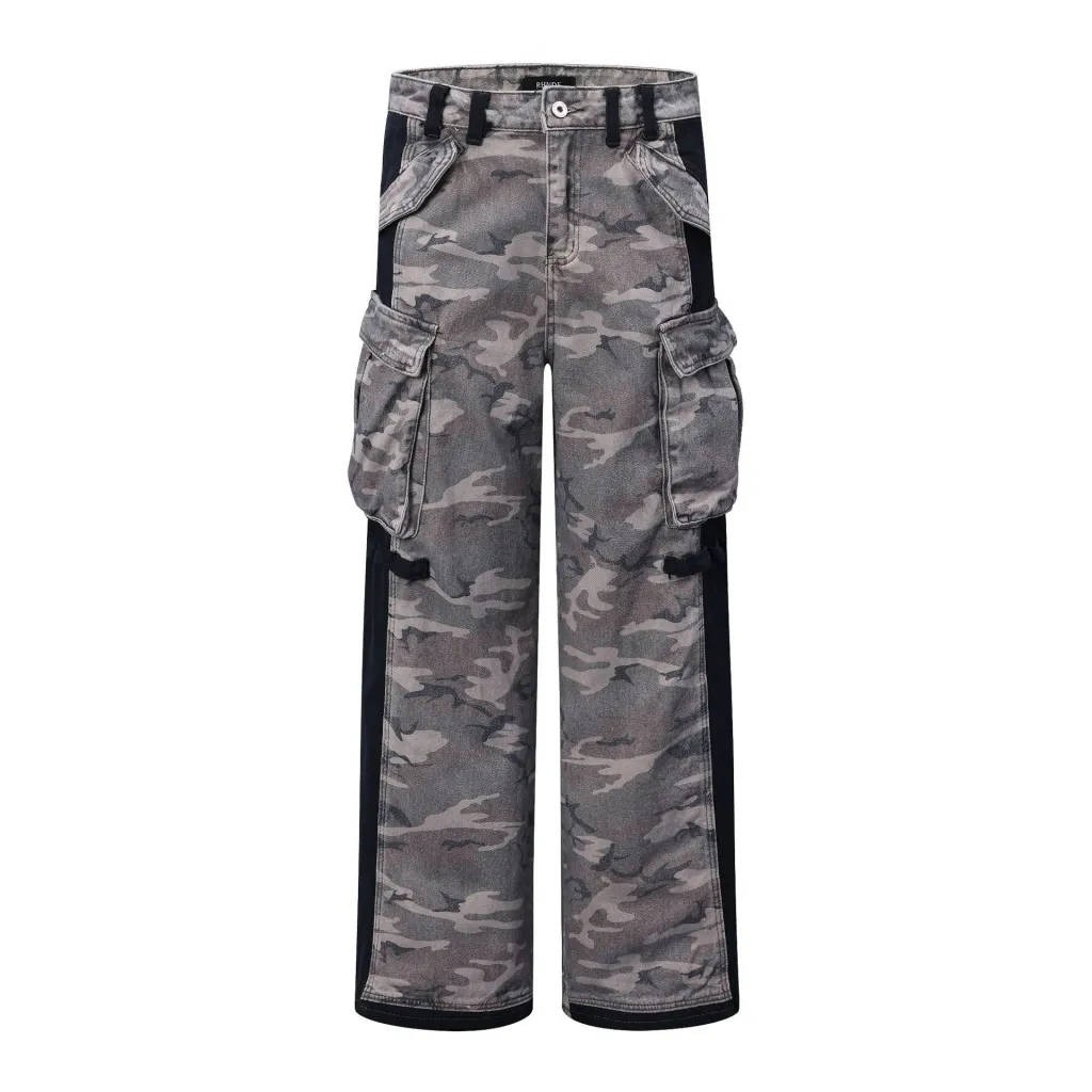 American-style Retro Patchwork Zipper Camouflage Men's And Women's Wide-leg Pants - Camouflage