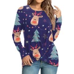 Women's Fashion Casual Christmas Element Printing Round Neck Long Sleeve Top - Blue - View 1