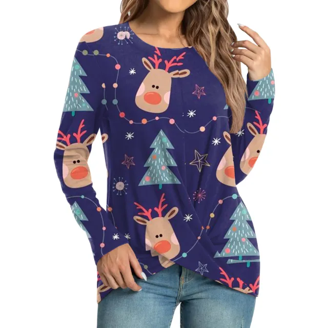 Women's Fashion Casual Christmas Element Printing Round Neck Long Sleeve Top Blue - Shop at LoveMi