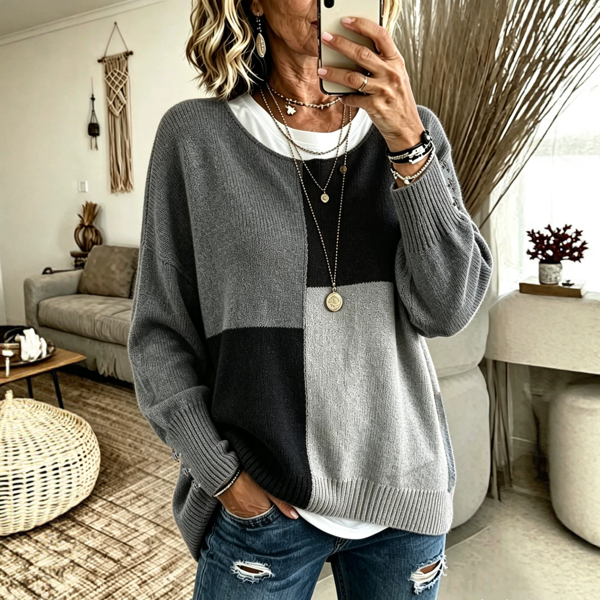 Round-neck Fashionable Casual Color-block Sweaterknitted For Layering