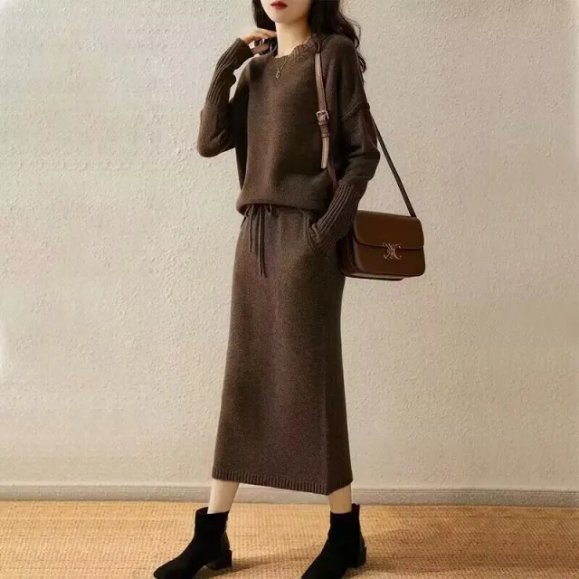 Knitted Loose Slimming Top With Skirt Two piece Set For Women Coffee - Shop at LoveMi