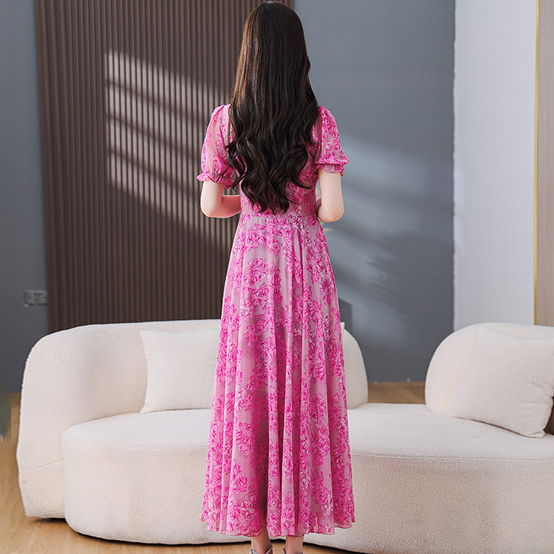 Yellow Printings Dress Women's Long Chiffon
