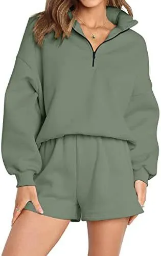 Women's Casual Three quarter Pants Solid Color Sweatshirt Two piece Set Olive Green - Shop at LoveMi
