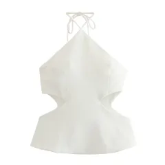 European And American Style Open Design Hanging Collar Top - White - View 1