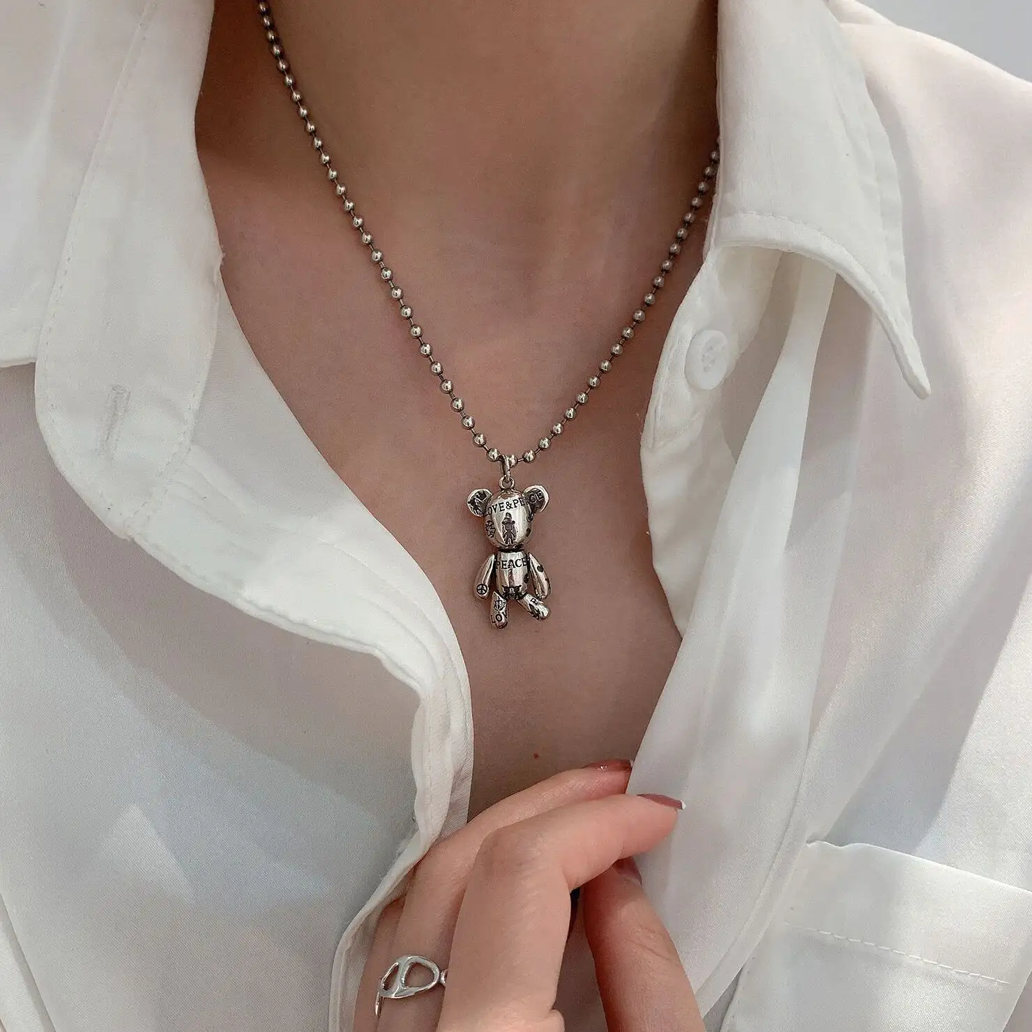 S925 Sterling Silver Vintage Bear Necklace Clavicle Design Sense