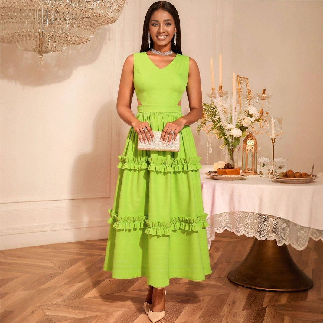 High-grade Waist Hollow Sexy V-neck Party Dress