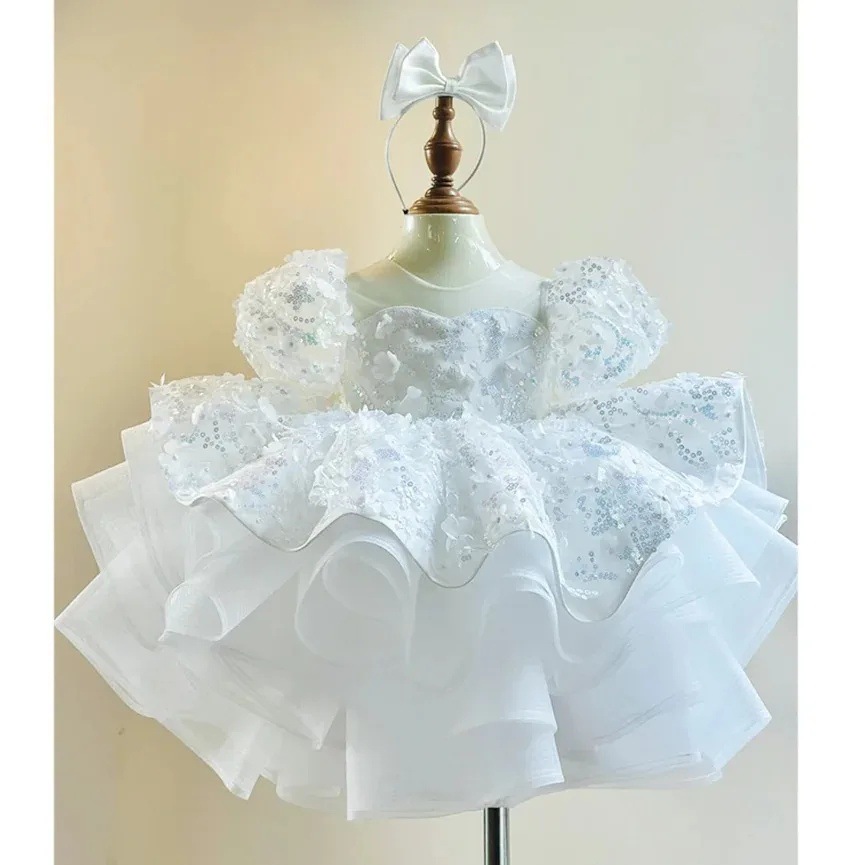 Butterfly Sequined Short Sleeve Princess Dress Children's A Hundred Day Birthday Dress White - Shop at LoveMi