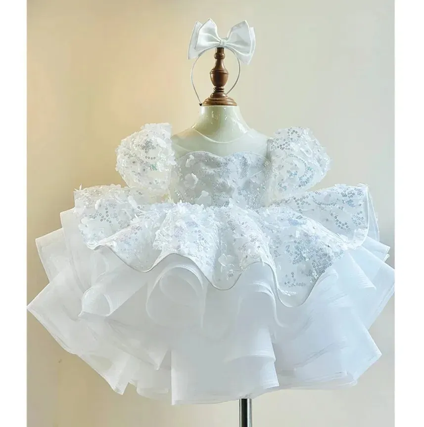 Butterfly Sequined Short Sleeve Princess Dress Children's A Hundred Day Birthday Dress - White