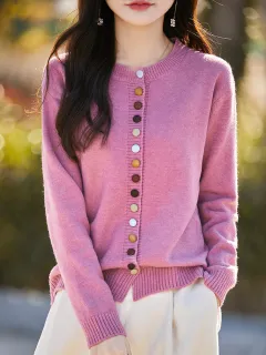 Women's Loose Soft And Age-reducing Simple Casual Jacket With Colorful Buttons - Raspberry Color - View 1