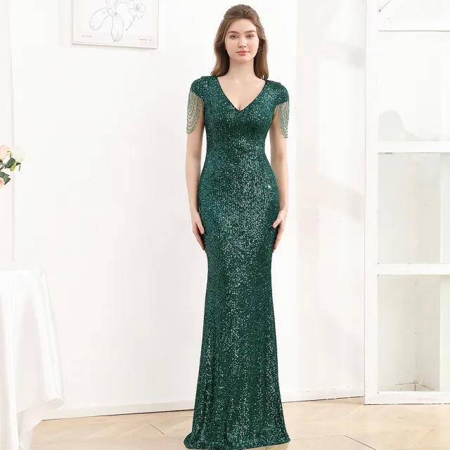 Sequined Slim Fit Slimming Long Dress Women Dark Green - Shop at LoveMi
