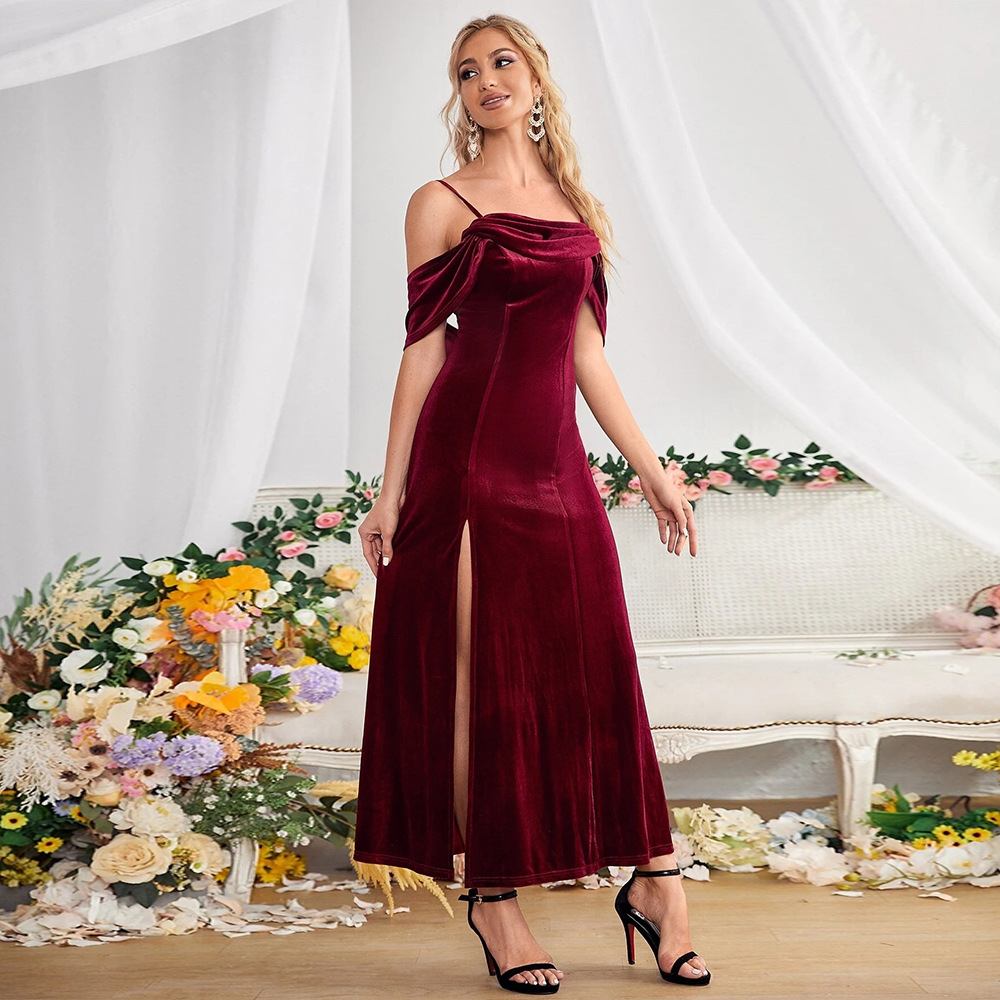 Velvet Off-Shoulder Long Dress, picture 3 of 7