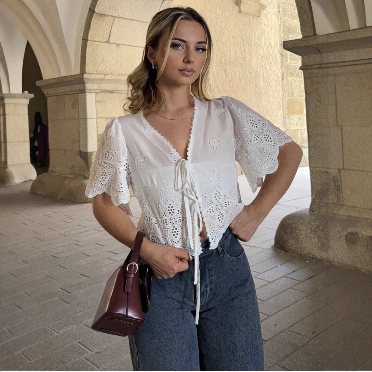 Womens Stylish Hollow-out Lace Chiffon Top