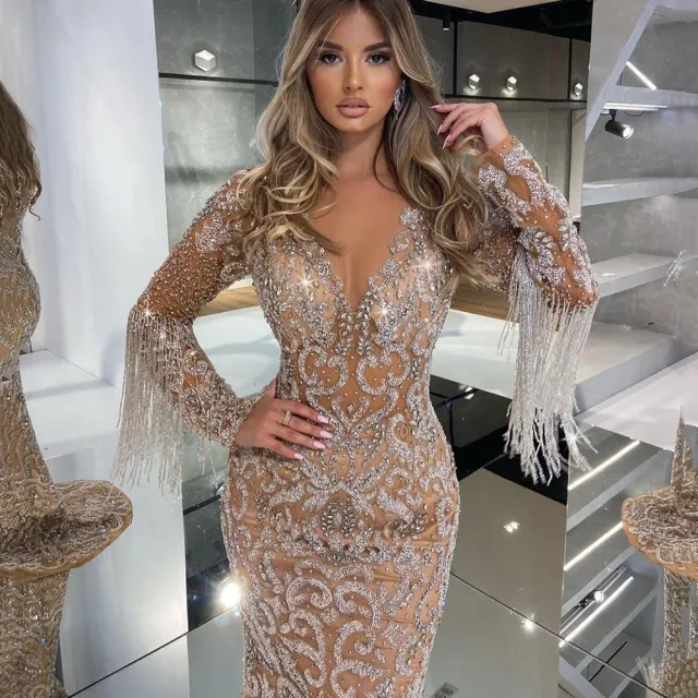 Women's Fishtail Gold Evening Tassel Elegant Dress - Shop at LoveMi