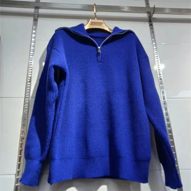 Korean Style Zipper Half open Collar Lazy Sweater Women Royal Blue - Shop at LoveMi