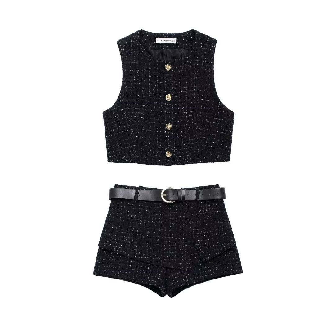 Textured Sleeveless O-neck Short Tweed Sleeveless Waistcoat Outerwear