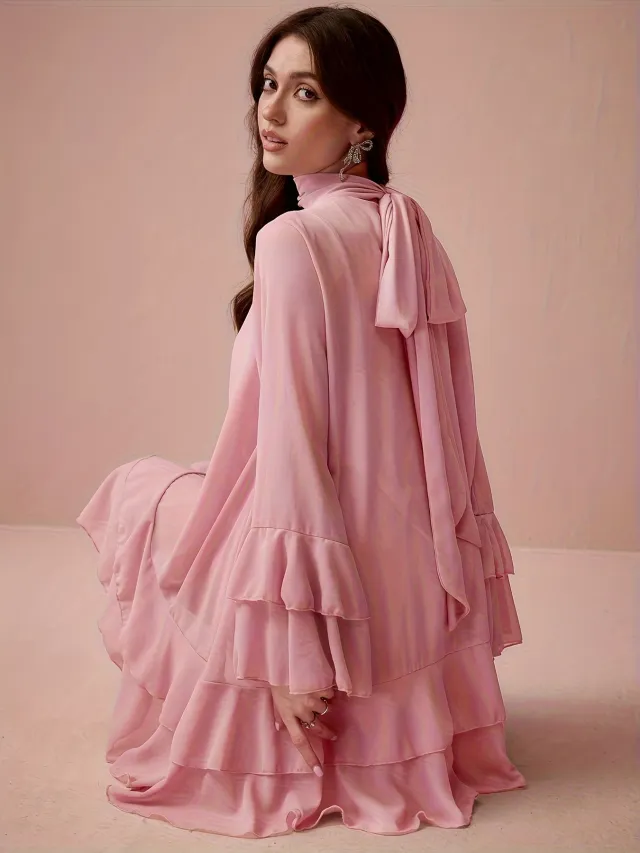Chiffon Half high Neck Dress With Flared Sleeves Pink - Shop at LoveMi