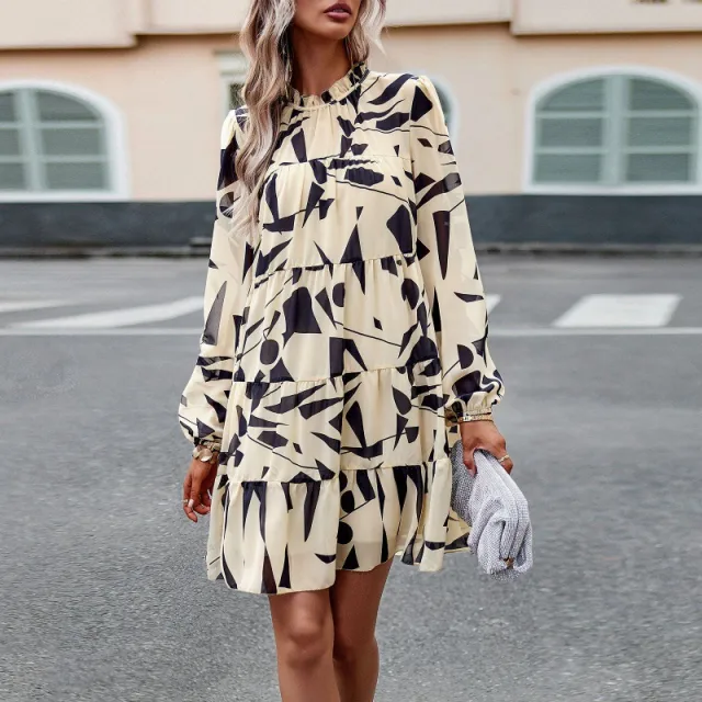 Puff Sleeve Elegant Long Sleeve Printed Dress Apricot - Shop at LoveMi