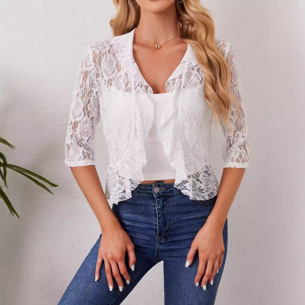 Fashionable Womens Ruffled Placket Short Lace Top