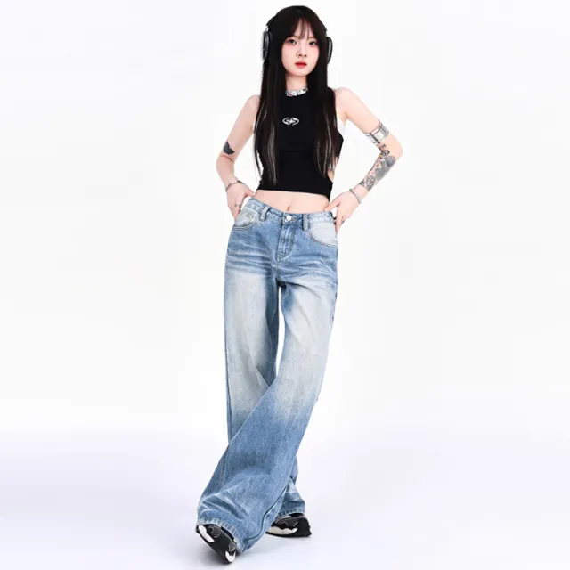 Mopping Loose Worn Looking Washed out Denim Straight Wide leg Pants Blue - Shop at LoveMi