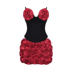 Tube Top Flower Three-dimensional Decoration Top Hip Skirt Dress Two-piece Set - Black - View 1