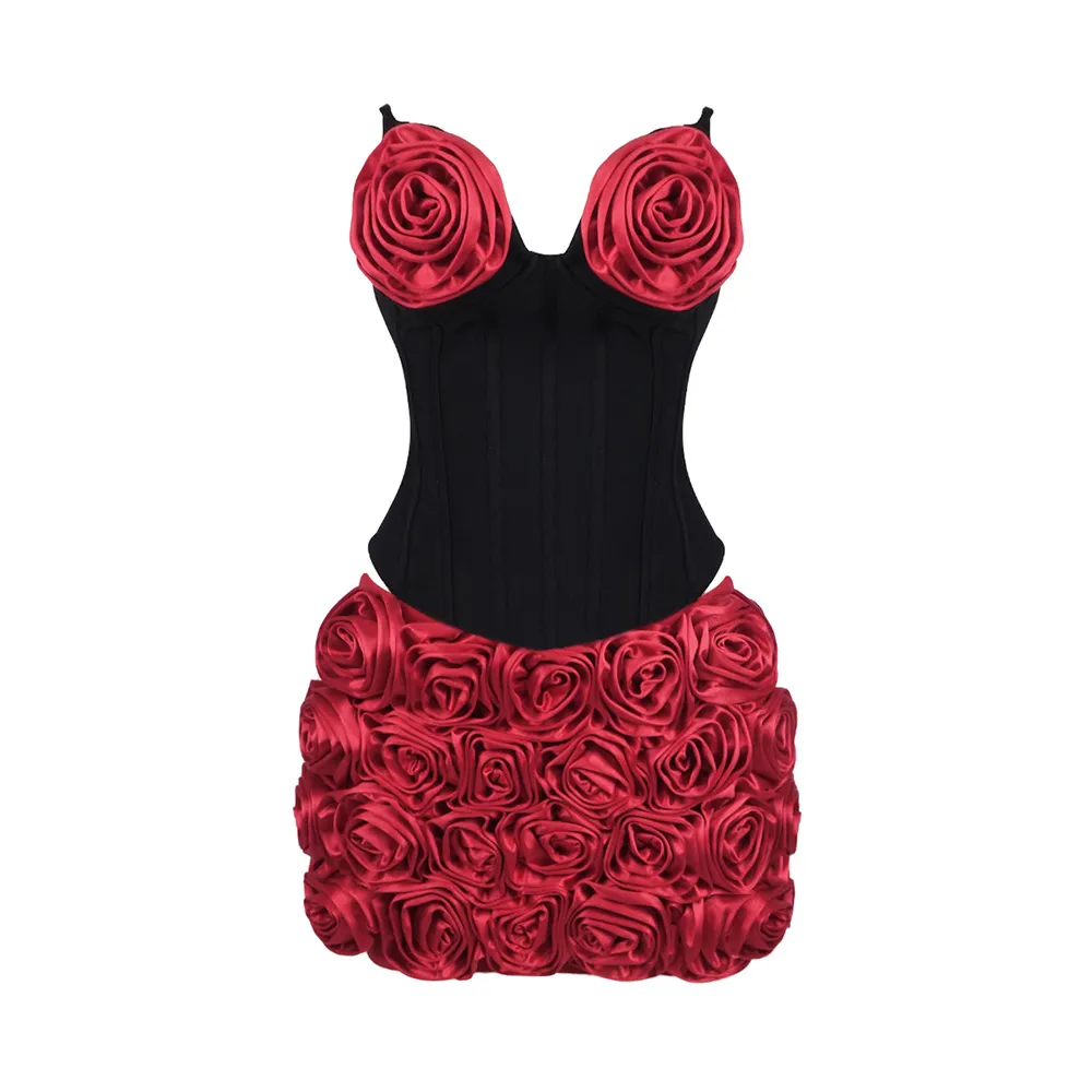Tube Top Flower Three-dimensional Decoration Top Hip Skirt Dress Two-piece Set - Black