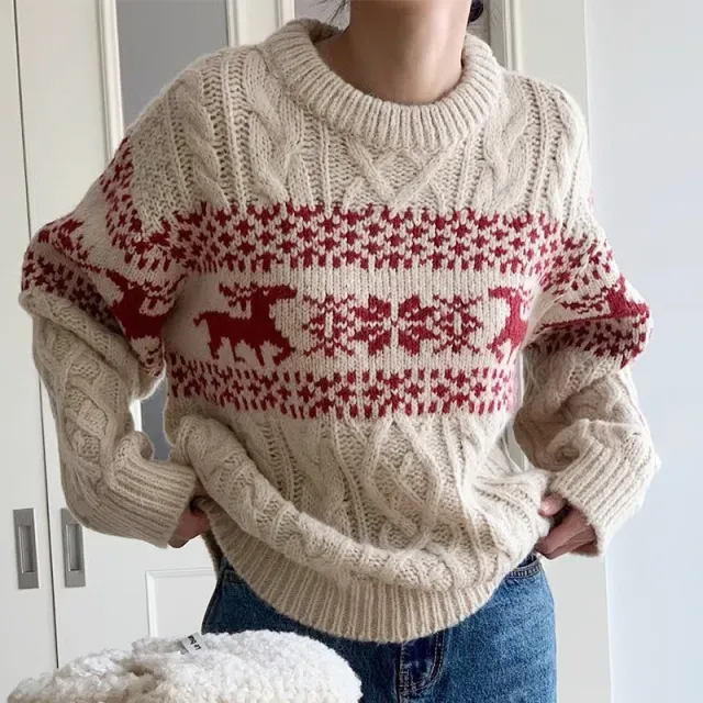 Jacquard Pullover Women's Loose Sweater White - Shop at LoveMi