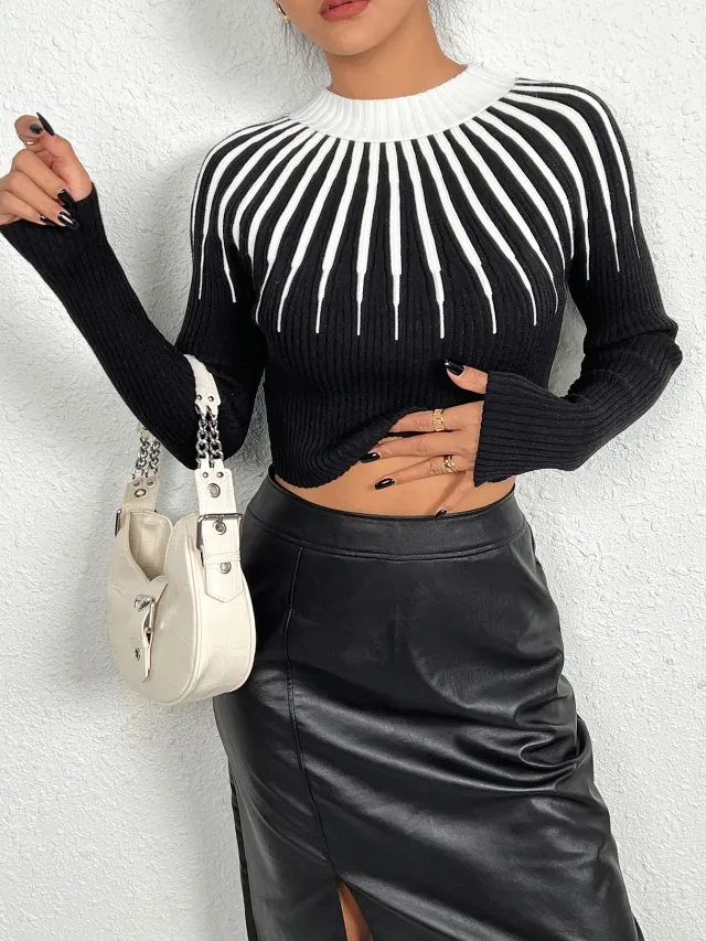 European And American Classic Striped Threaded Neckline Pullover Sweater Black - Shop at LoveMi