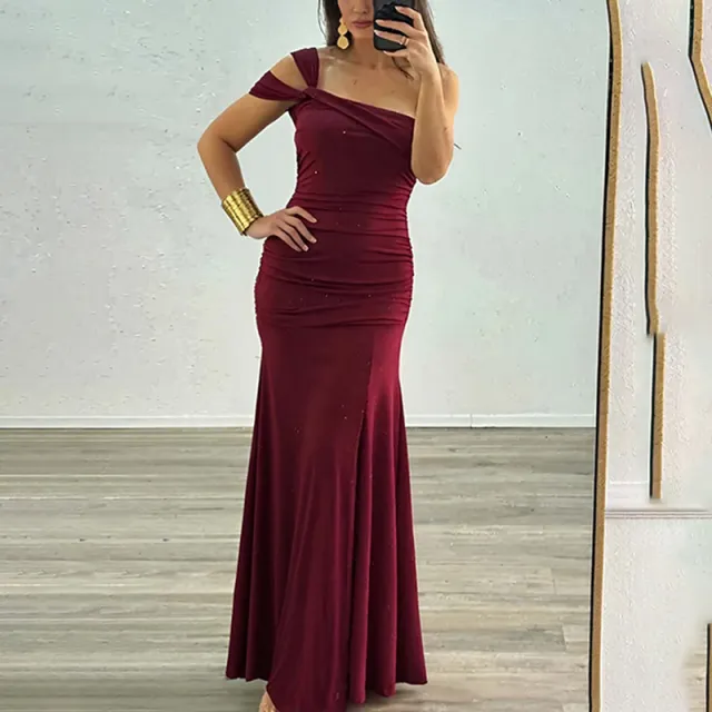 Fashionable Elegant Vintage style Sexy Figure hugging Solid color Dress Wine - Shop at LoveMi