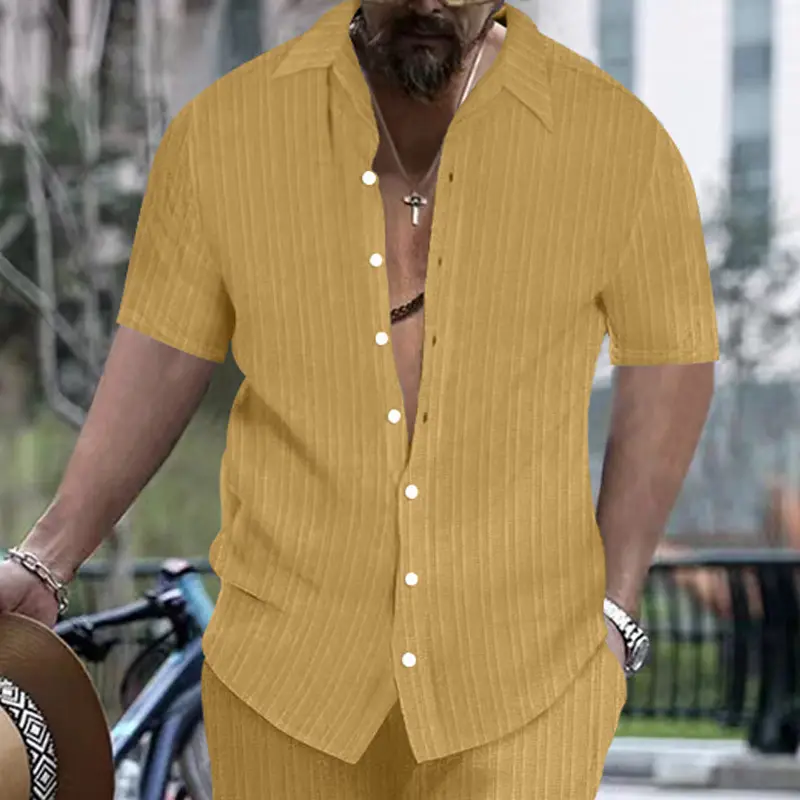 Mens Casual Loose-fit Short-sleeve Beach Button-up Top