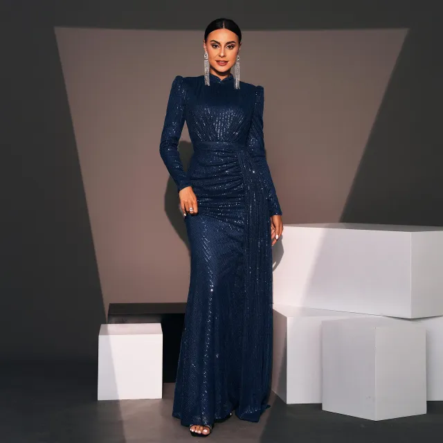 Long Sleeve Round Neck Sexy Slim Long Sequined Banquet Dress Dark Blue - Shop at LoveMi