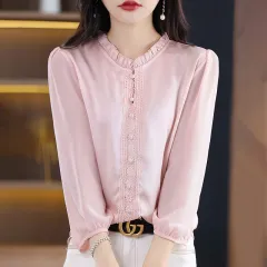 Ruffled Collar Solid Colour Three-quarter Length Sleeve Shirt For Women - Cherry Blossom Pink - View 1